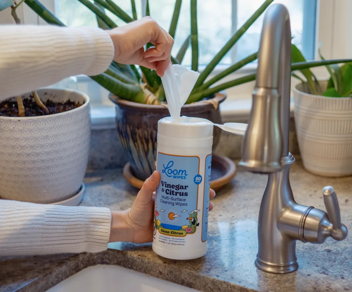 Loom Wipes canister on a kitchen counter