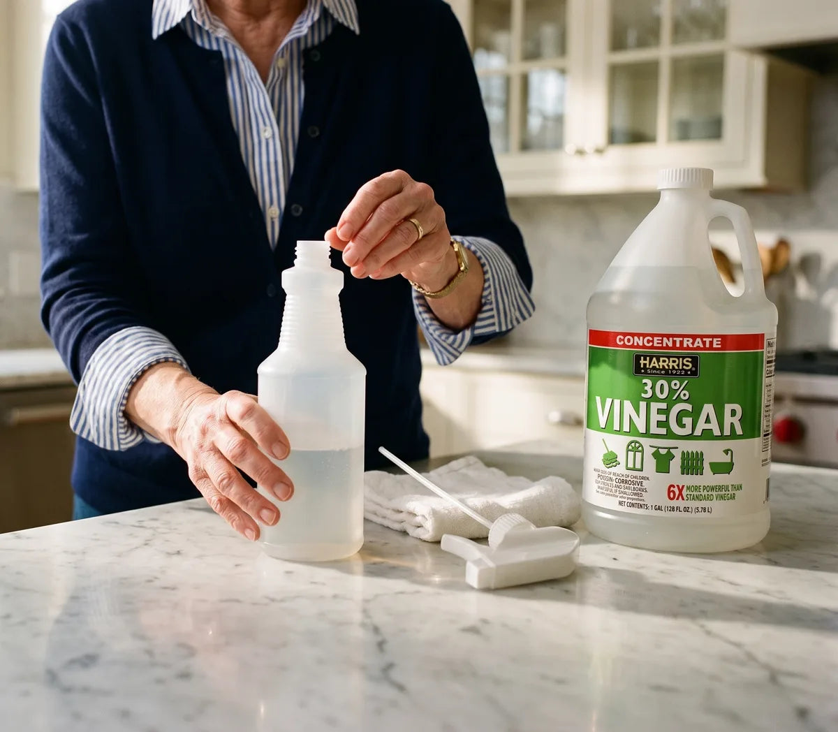 Mixing homemade vinegar cleaning spray by hand