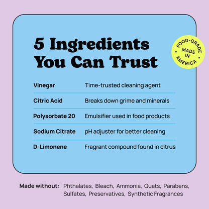 List of ingredients trusted for cleaning products on a light purple background