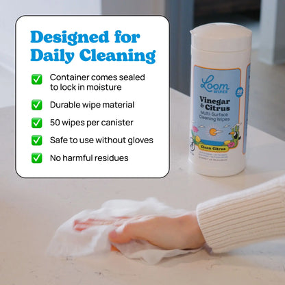 Loom Vinegar and Citrus Wipes container with a hand using a wipe on a surface, featuring product benefits.
