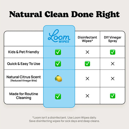 Comparison chart of Loom Wipes, Disinfectant Wipes, and DIY Vinegar Spray with checkboxes indicating features.
