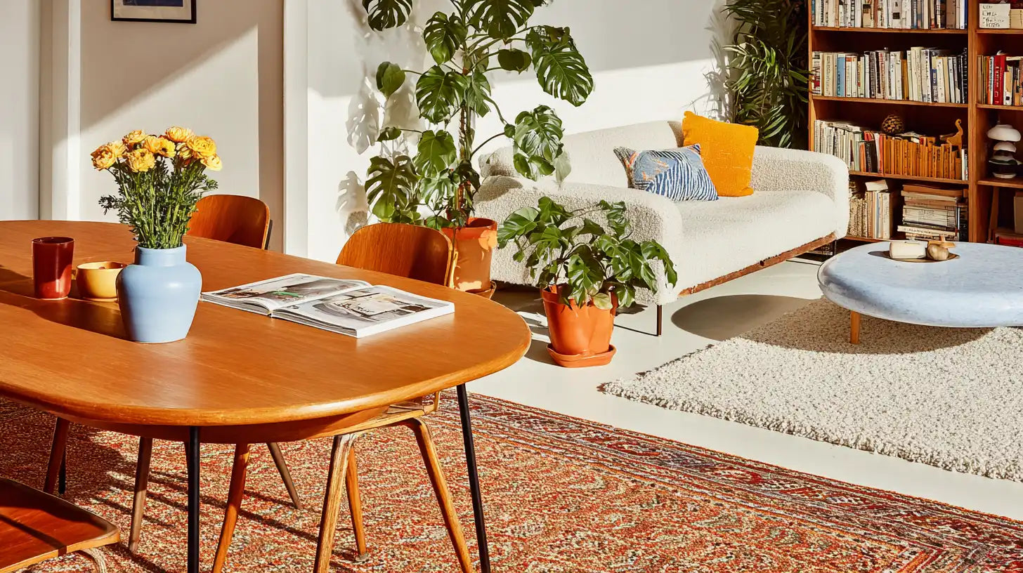 Modern living room with a wooden table, sofa, and decorative plants.