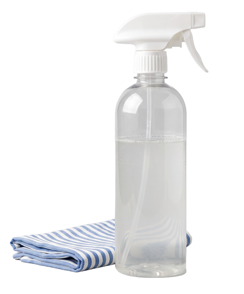 A homemade vinegar spray bottle and cloth