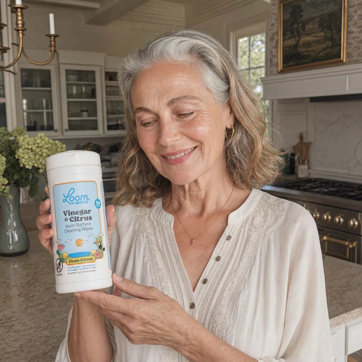 A woman holding a canister of Loom Wipes in her kitchen