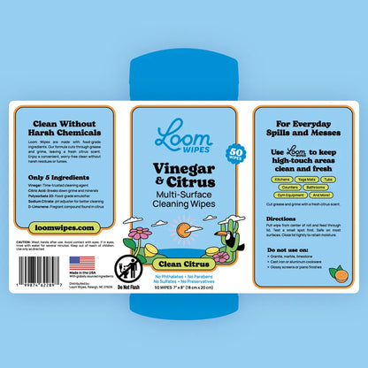 Loom Wipes Vinegar & Citrus multi-surface cleaning wipes packaging on a blue background