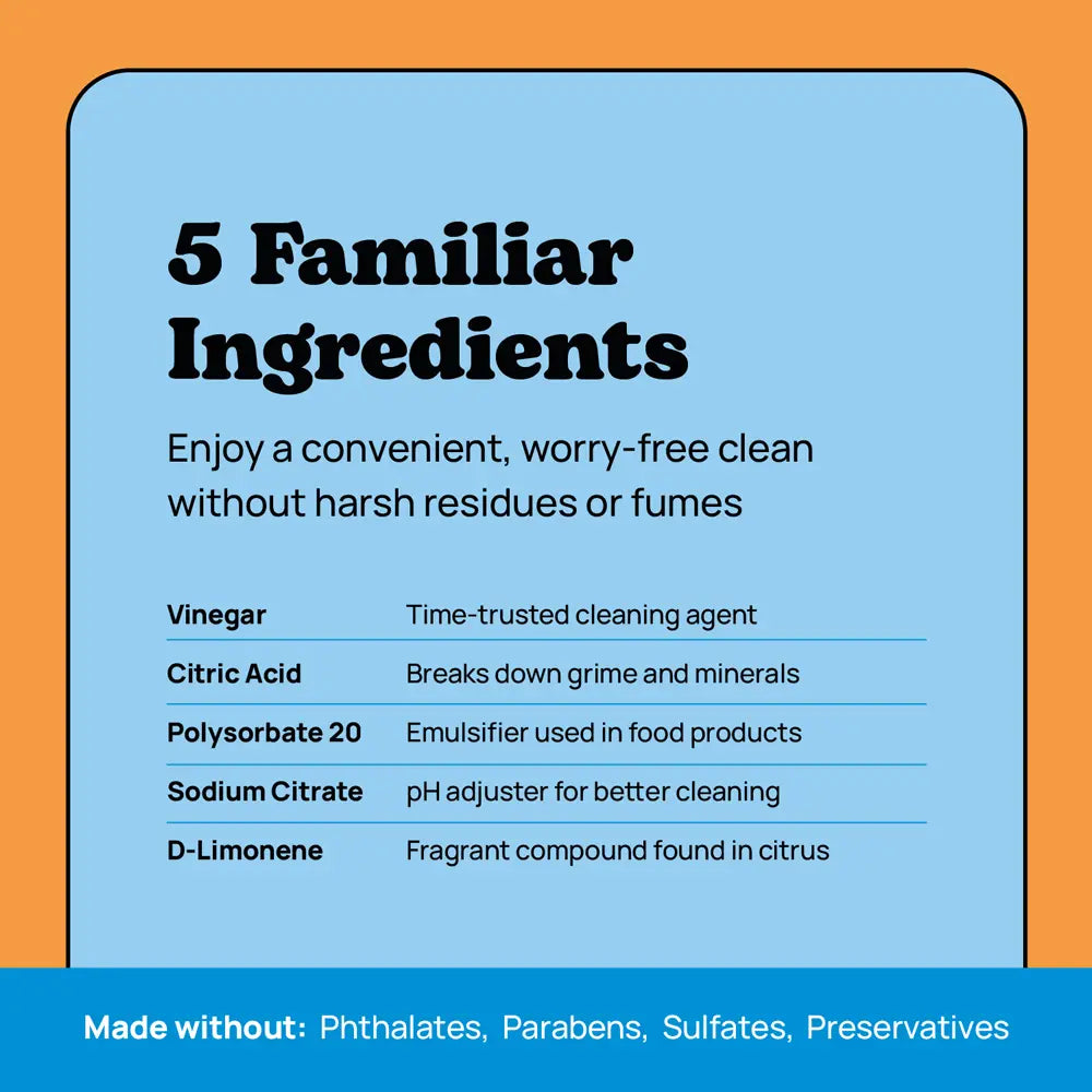 List of 5 familiar ingredients used in cleaning products with a blue square on an orange background.