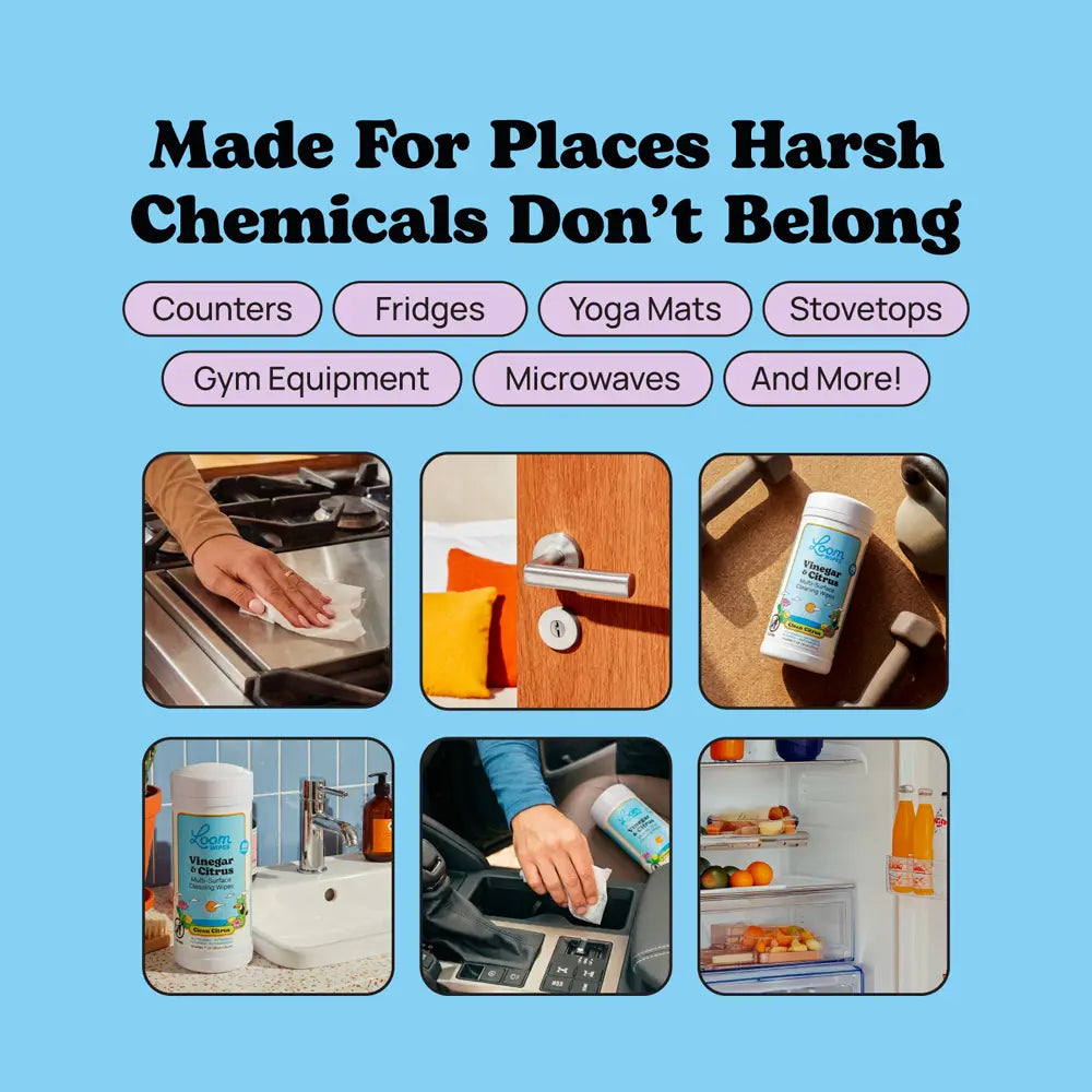 Product advertisement with images of cleaning use cases on a blue background