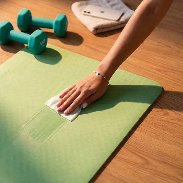 woman wiping yoga mat with natural wipe
